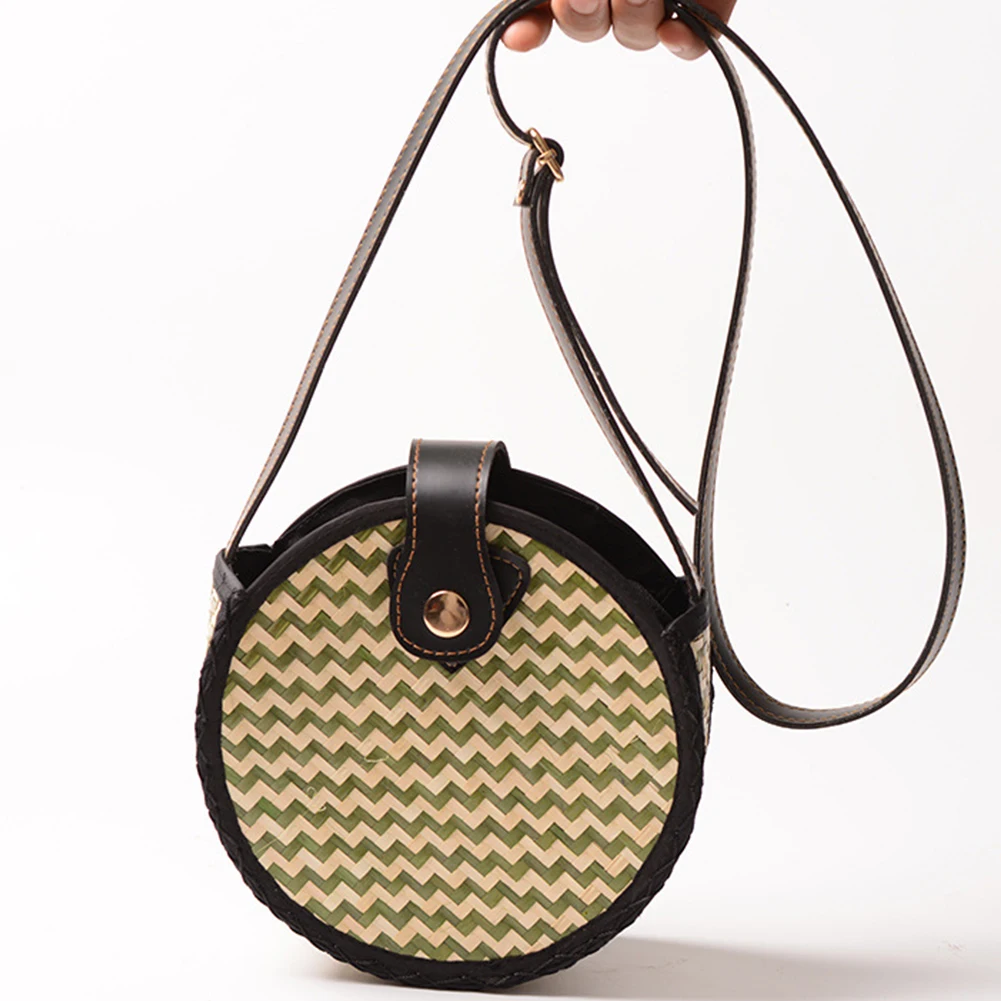 

Women Round Buckle Beach Handmade Crossbody Stripes Retro Travel Shoulder Bag Bamboo Braided Outdoor Seaside PU Leather Fashion