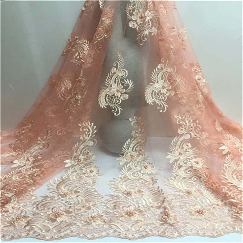 

2019 Latest African Lace Fabric Nigerian French Fabric 2019 High Quality Yellow French Tulle Lace Fabric With Beads