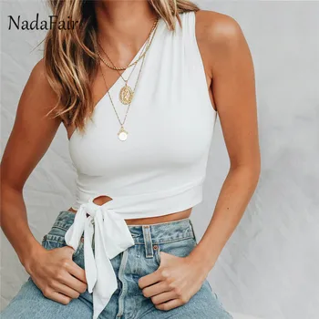 

Nadafair Lace Up One Shoulder Top Casual White Red Black Women Summer Cropped Top Yellow Sexy Party Beach Club Tank Top Female