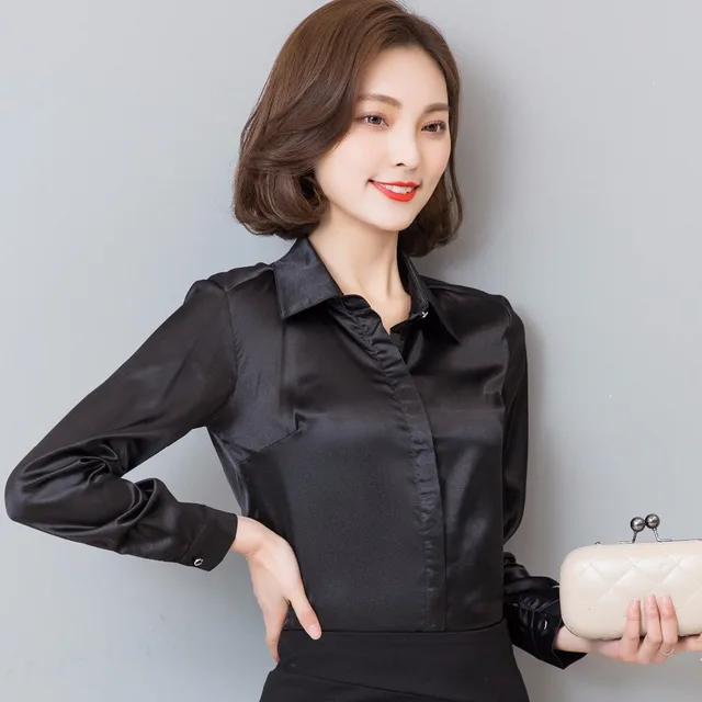 2019 Women silk satin blouse button long sleeve lapel ladies office ...
