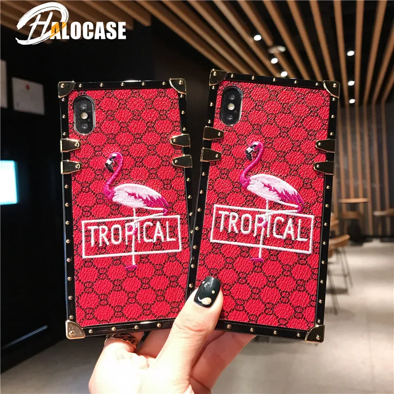 

New Luxury 3D Embroidery Lattice Flamingos Case for Samsung S8 S8Plus S9 S9Plus Note9 Glitter Square Phone Cases