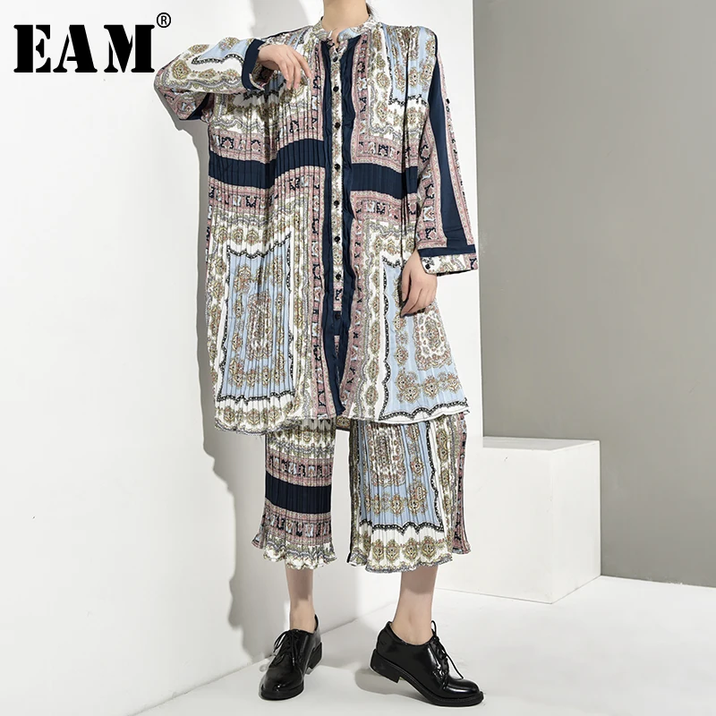 

[EAM] 2019 New Spring Autumn Long Sleeve Pattern Printed Big Size Loose Wide Leg Pants Two Piece Suit Women Fashion Tide AG8330