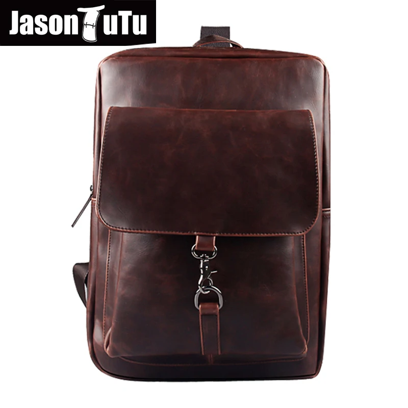 

JASON TUTU Men Backpack Leather School Bags Men's Travel Bags Rucksack Preppy Style Daily Backpack Black Back Pack