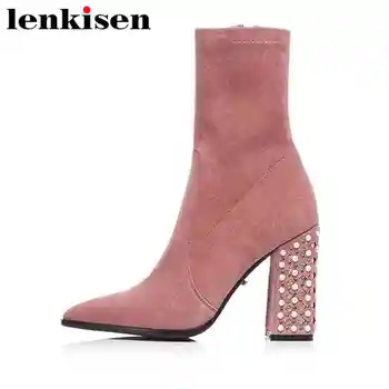 

Lenkisen plus size pointed toe zipper super high heels kid suede sexy women Autumn winter shoes pearls crystals ankle boots L13