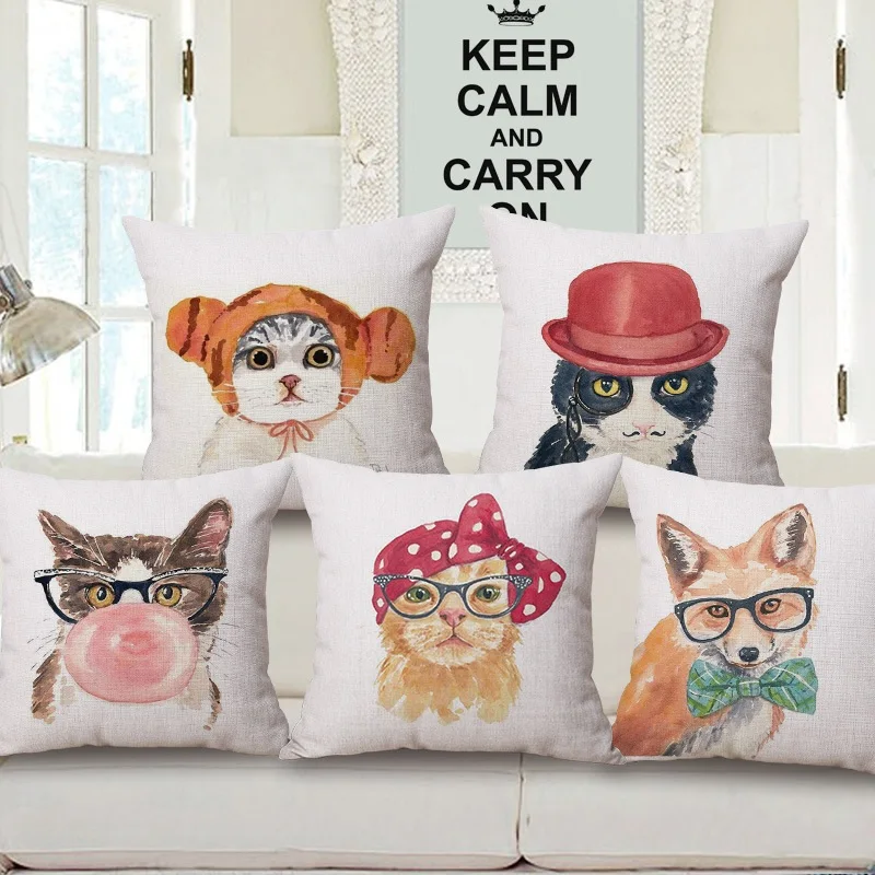 1016 25 De Réductiondessin à La Main Mignon Chats Coussin Couvre Mode Chat Chien Oiseau Hibou Housse De Coussin Décoratif Lin Coton Taie