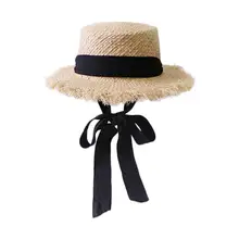 Плетеные шляпы ручной работы из рафии для женщин, черная лента, шнуровка, большая соломенная шляпа с полями, уличные пляжные летние кепки, Chapeu Feminino