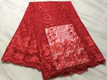 

2019 African Cord Lace High Quality French Lace Fabric With Beaded. Red African Lace Fabric for Nigerian Wedding