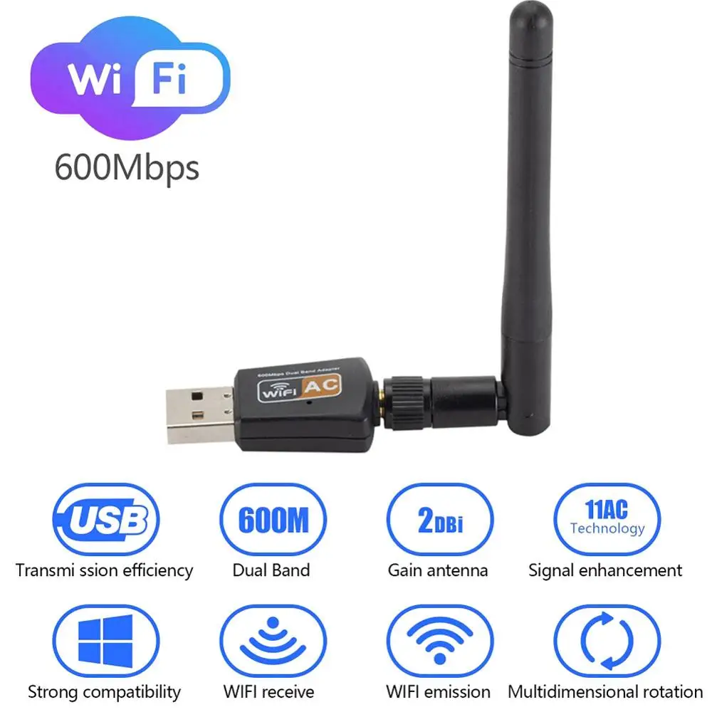 2,4 ГГц/5 ГГц 600 Мбит/с USB wifi адаптер AC600 WiFi с двойная антенна ПК мини-компьютер сетевой картоприемник 802.11b/n/g/ac