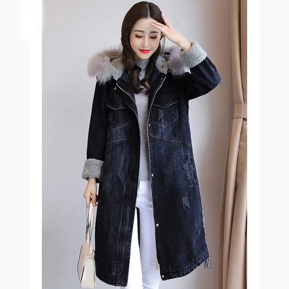 D'agneau Denim En Grande Veste Bleu Longue Manteau Coton Hiver Vestes Jean Femmes Boyfriend Taille Épais Style Parkas Lâche p1fBxwFBq