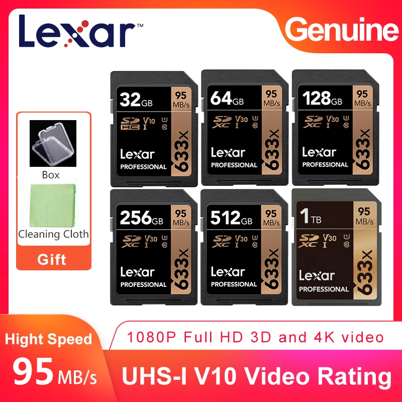 Lexar Professional 95 МБ/с./с 633x SDHC U1 32 Гб 64 128 ГБ 256 512 U3 SD карта SDXC Class 10 памяти для камеры 1080p 3D