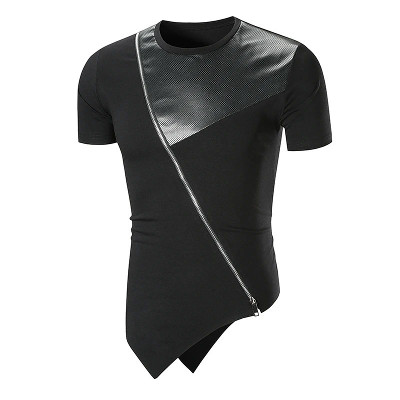 

Men Summer leisure T-Shirts Fashion Leather stitching Short Sleeve T Shirt Cotton Zipper decoration Irregular personality tee