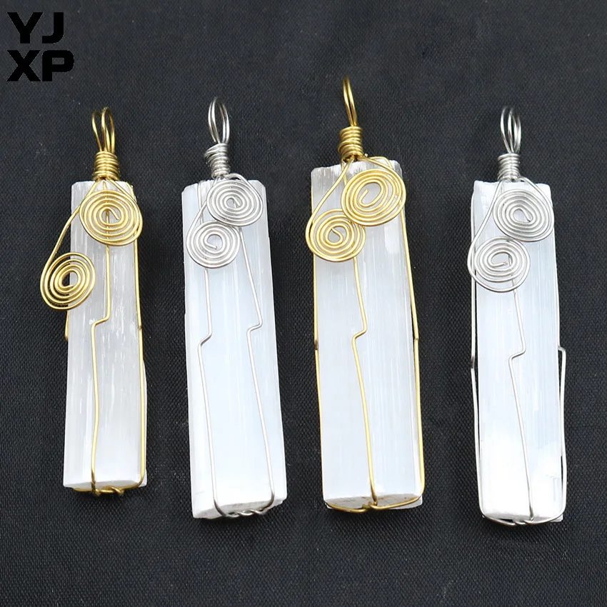 

YJXP 1 Pcs Original Wire Wrapped Natural Raw Selenite Wand Pendant Irregular Gypsum Column Crystal Stone Yoga Balancing Jewelry