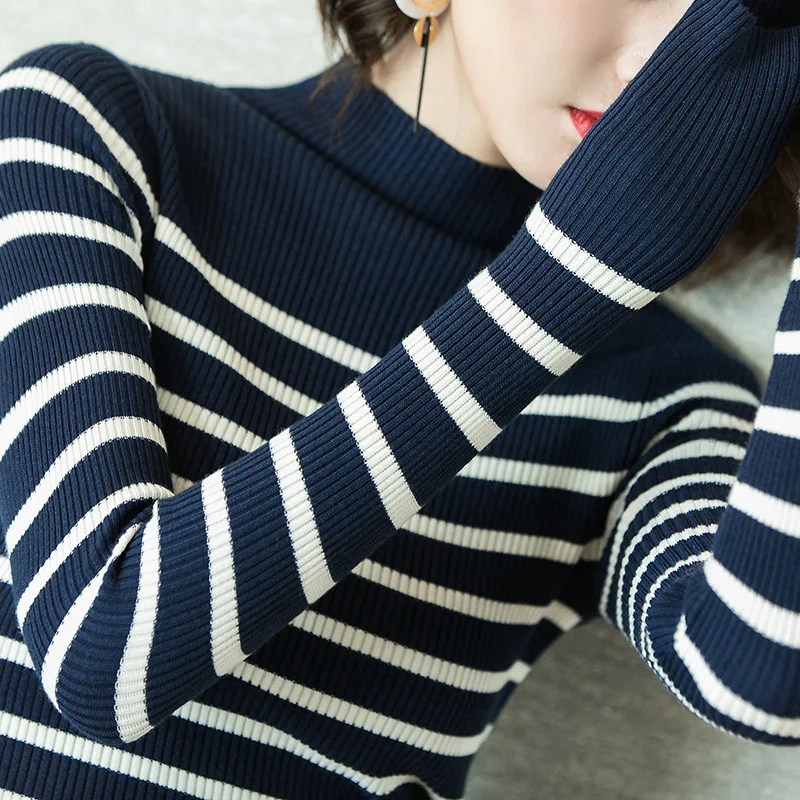 Striped high turtleneck elastic knit slim pullovers sweater 2018 new women autumn long sleeve sweater