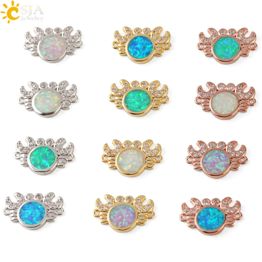 

CSJA Crab Shaped Connector for Bracelets Earrings Round Fire Opal Zircon Charms Fashion Rose Gold Color Copper Accessories G132