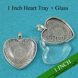 

1 Inch Antique Silver Heart Pendant Tray, 25mm Heart Cabochon Setting + Clear Glass Cabochon (200 Tray + 200 Glass)