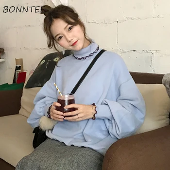 

Hoodies Women Thicker Plus Velvet Korean Style Loose Sweet Side Vent Womens Solid Lantern Sleeve Lace Turtleneck Pullover Trendy