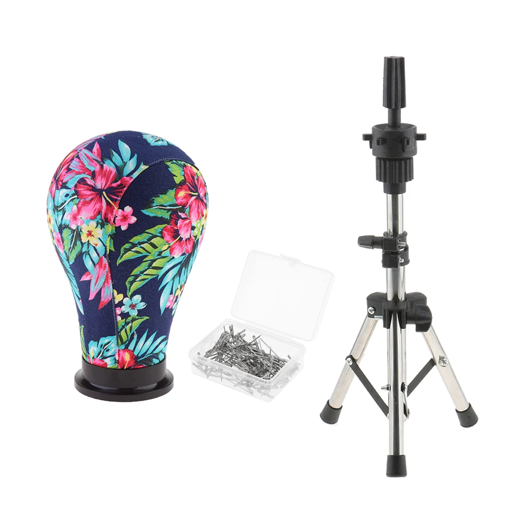 

21 inch Mannequin Model Cork Canvas Block Head with 100pcs 38mm T Needle Pins & Manikin Holder Stand for Wigs Making Display