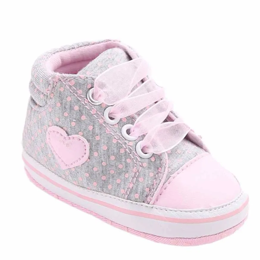 Zapatos para niñas pequeñas con cordones en forma de corazón rosa para niñas, zapatos de lona, estampado de puntos, suela suave antideslizante para niños, Sapato Infantil Zapatos para niñas pequeñas con cordones en forma de corazón rosa para niñas, zapatos de lona, estampado de puntos, suela suave antideslizante para niños, Sapato Infantil