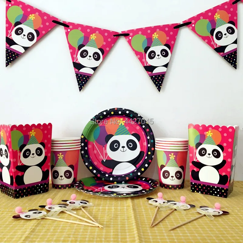 Прекрасный красочный мультфильм панда бумажная тарелка чашки флаг коробки для попкорна вечерние украшения для детей мальчиков девочек день рождения