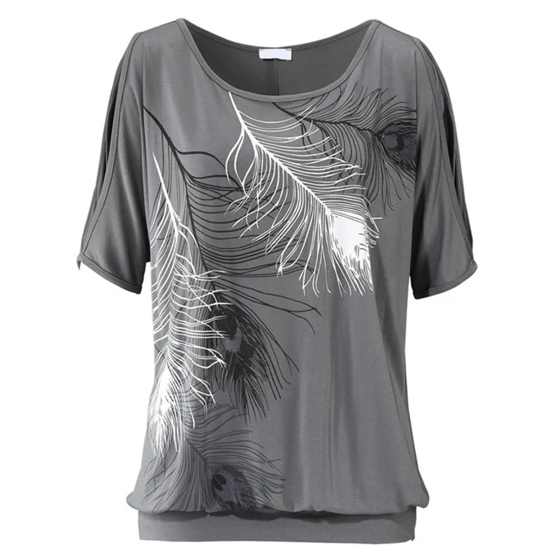 Womens Off-shoulder Tops Ladies Feather Printed Casual Loose Blouse Tops T-shirt