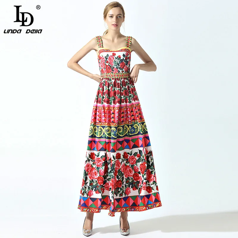 

High Quality 2017 Summer New Runway Maxi Dress Women's Spaghetti Strap Cute Charming Rose Flower Floral Print Beading Long Dress