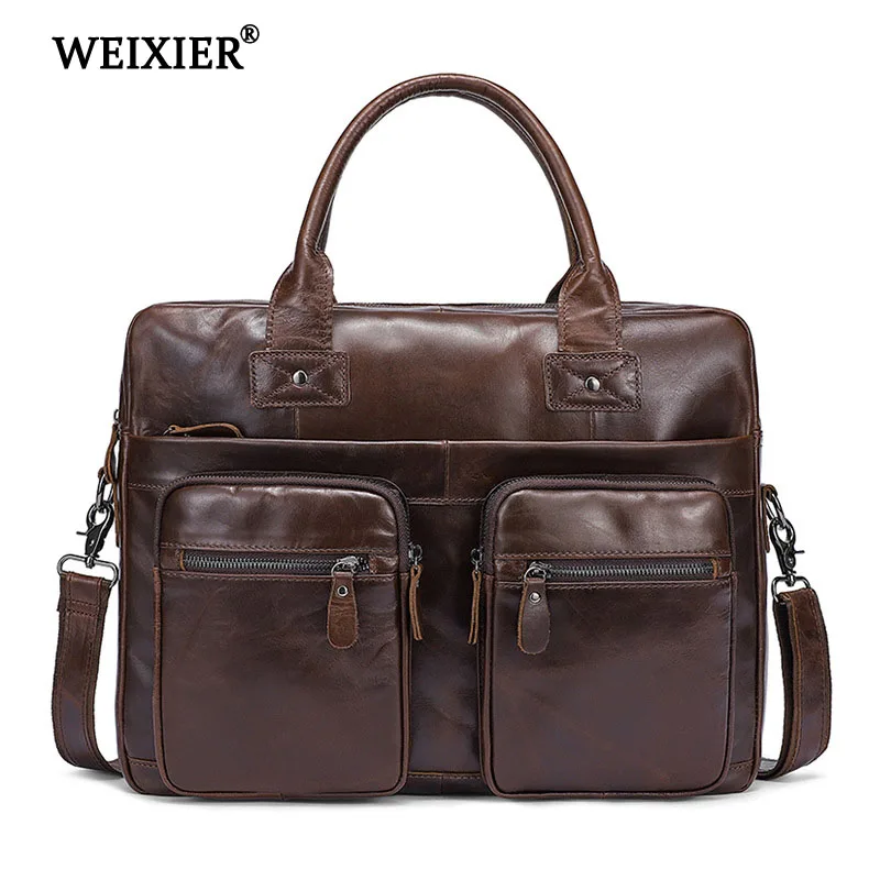 

WEIXIER Men Briefcases Genuine Leather Vintage Handbag 15"Laptop Briefcase Messenger Shoulder Crossbody Bag Men's Business Bags