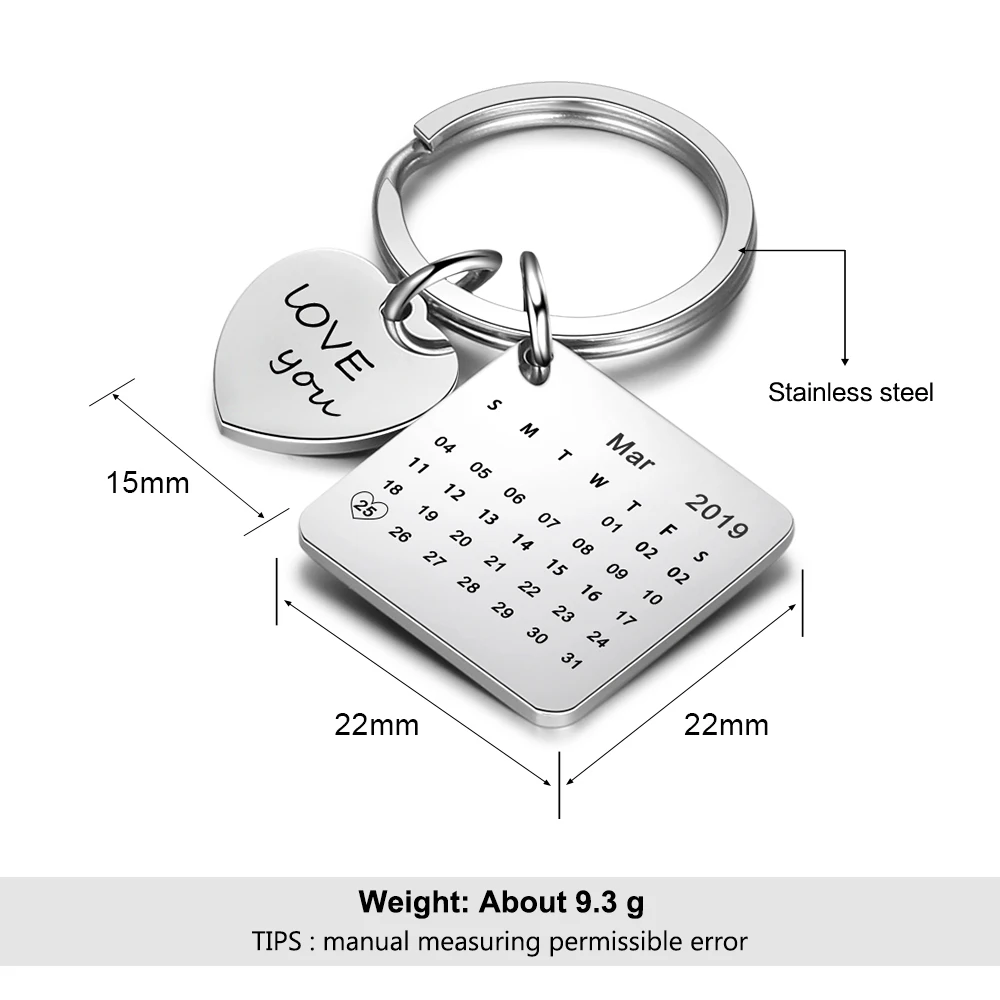 Персонализированные Календарь брелок ручной работы календарь выделены сердце Дата пользовательские Нержавеющая сталь брелок(AS101848