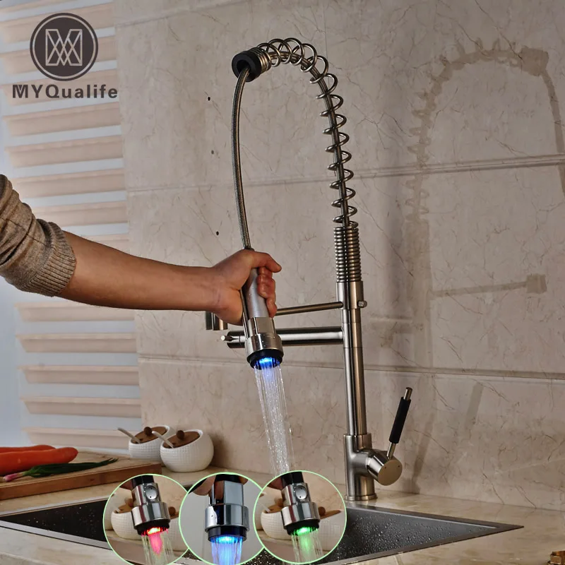 LED Light Dual Spout Kitchen Faucet Single Handle Brushed Nickel Finish with Hot and Cold Water