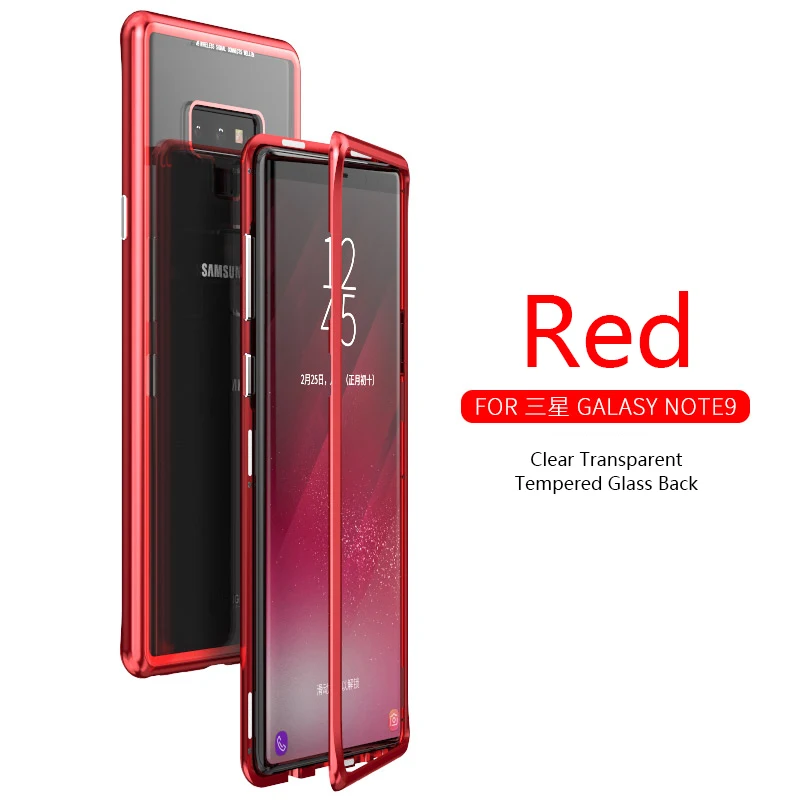 CHYI 360 Magnetic Metal Case for Samsung Galaxy S10 5G S9 S8 Plus Note 10 9 8 Tempered Glass Back Cover for Samsung A50 A20 - Цвет: Metal Red clear