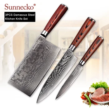 

Sunnecko 3PCS Kitchen Knives Set Cleaver Utility Chef Knife Damascus VG10 Steel Razor Sharp 60HRC Cutting Tool Pakka Wood Handle