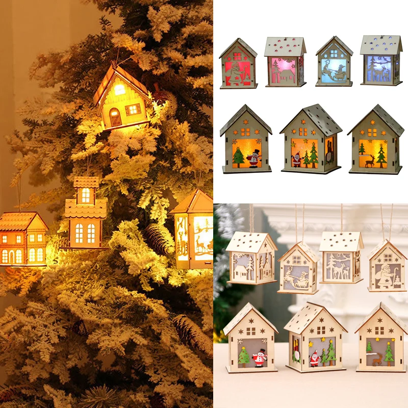 

2018Christmas Festival Decorative LED Light Wood House Christmas Tree Hanging Ornaments Holiday Xmas Gift Home Window Decoration