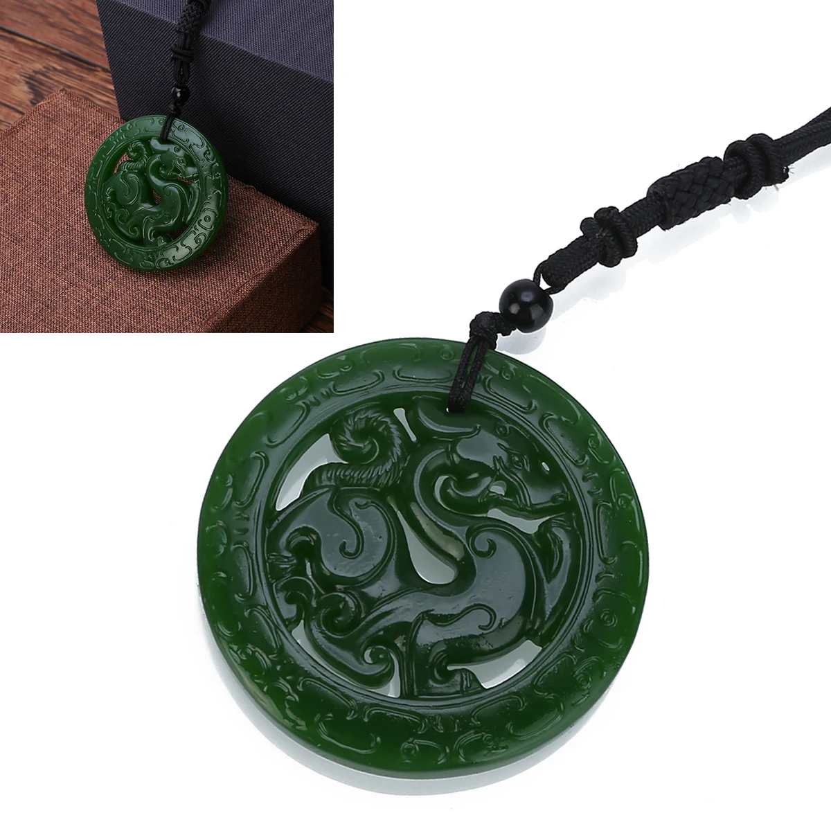 1pc Green Hetian Jade Pendant Carved Chinese Dragon Gemstone Pendant Necklace Stone with 60cm Rope