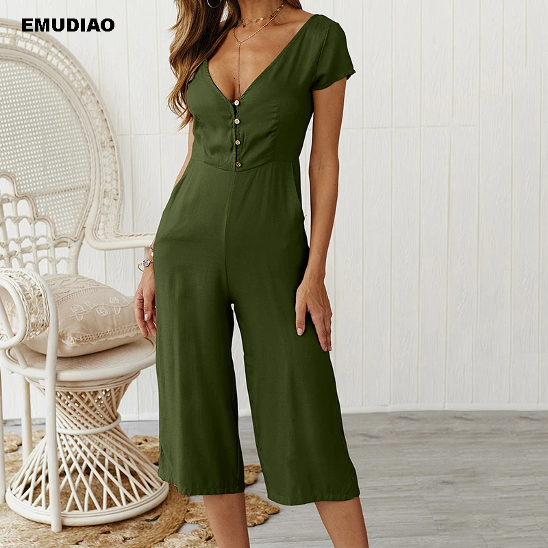 

Army Calf Length Jumpsuits Solid Short Sleeve V Neck Botton Pants 2019 Summer Casual Rompers Womens Jumpsuit Overalls For Women