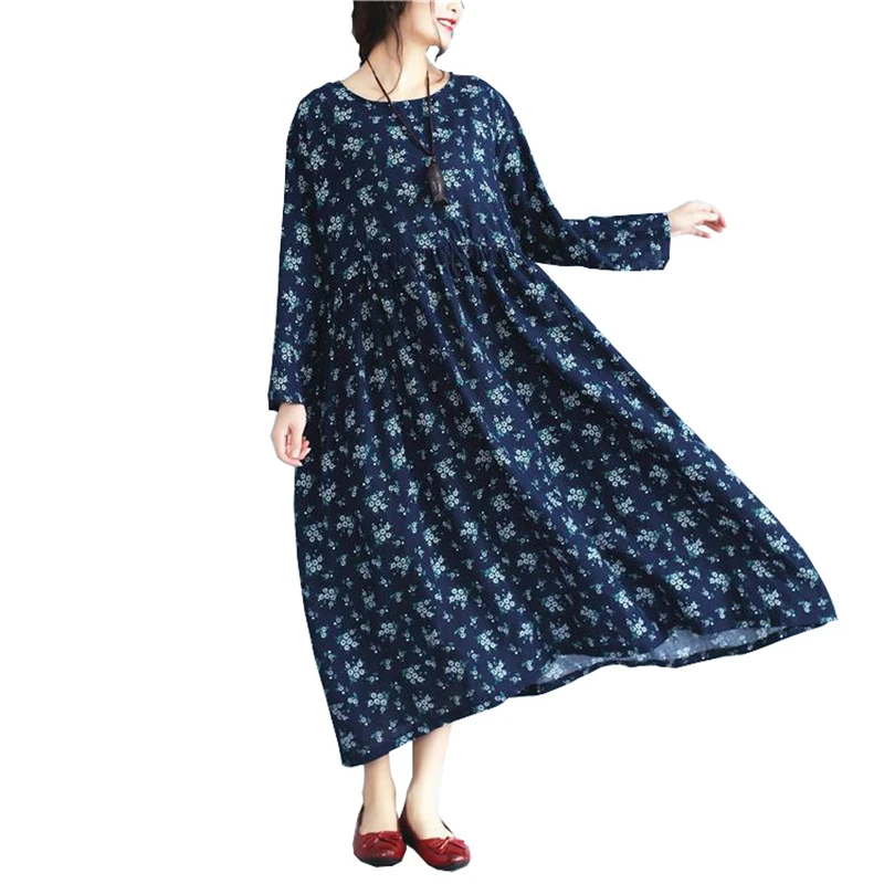 3XL 4XL 5XL 6XL Dress Women Plus Size 2017 Autumn Blue Floral Wrist Sleeve Dresses Female Cotton Linen Mori Girl Robe Women plus-floral-dress : image 3XL 4XL 5XL 6XL Dress Women Plus Size 2017 Autumn Blue Floral Wrist Sleeve Dresses Female Cotton Linen Mori Girl Robe Women plus-floral-dress