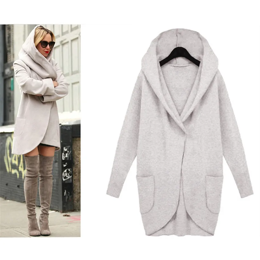 Drop Shipping Fall Winter Coat Women Trench Coats Pocket Long Sleeve Hooded Women Overcoat Cotton Blend Cardigans hoodies coat