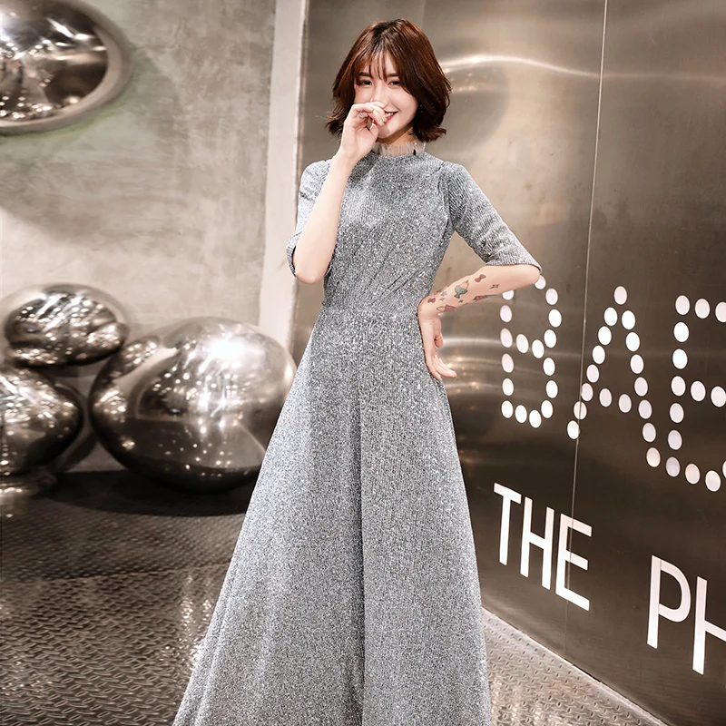 

Grey Sequins Maxi Evening Dress Women Satin Cheongsam Novelty Elegant Sexy Tight Robe De Soiree Lace Slim Bling Qipao Vestidos