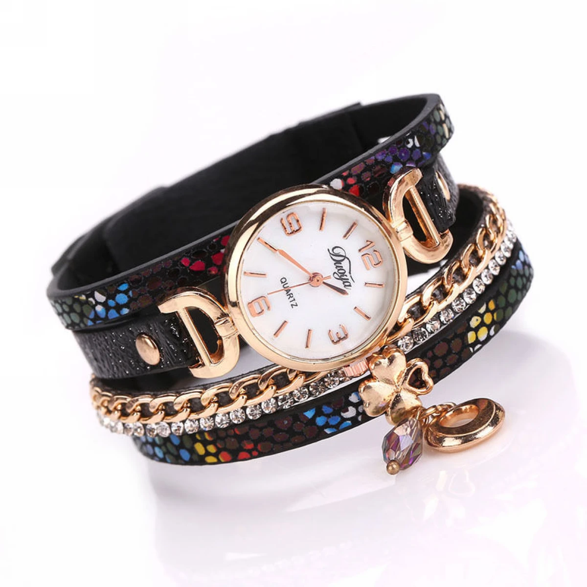 Women's Crystal Rhinestone Leopard Leather Chain Wrap Bracelet Wrist Watch