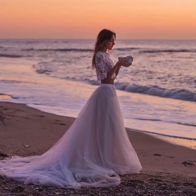

Sexy Crop Top Tulle Wedding Dresses half sleeve Lace Chapel Train Tulle 2019 Boho Summer Beach Bohemia Wedding Gown Bridal dress