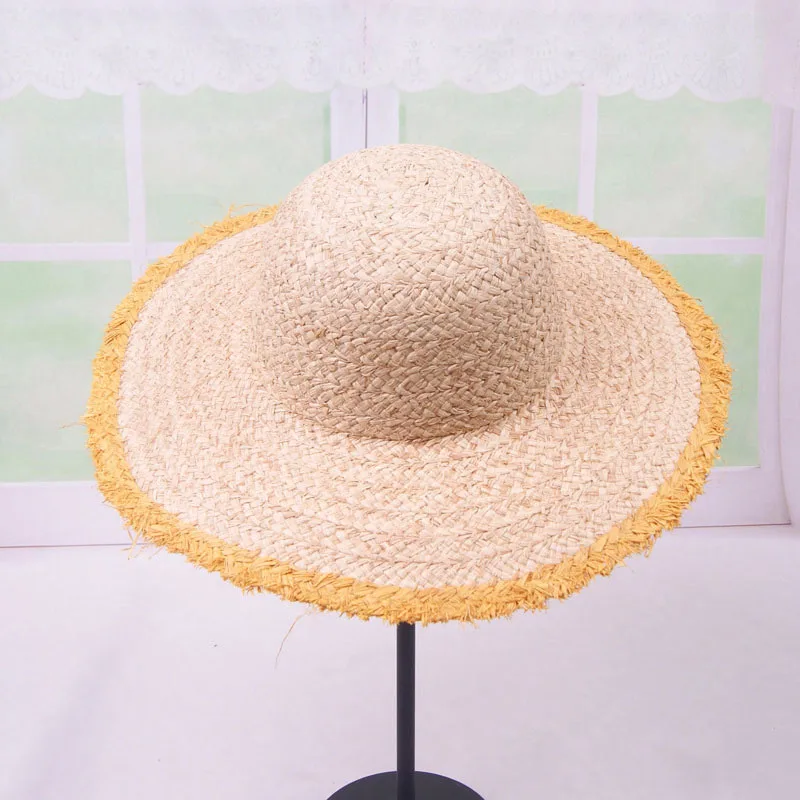 Элегантная женская широкополая соломенная шляпа из рафии 13 см С Широкими Полями Летняя шляпа однотонная Классическая пляжная шляпа от солнца Женская гоночная шляпа из Кентукки - Цвет: Beige -Yellow brim