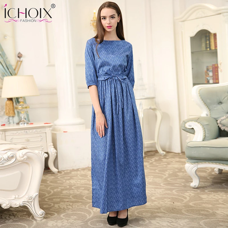 Autumn Elagant Three Quarter Sleeve Long Dresses Women Boho Printing ...