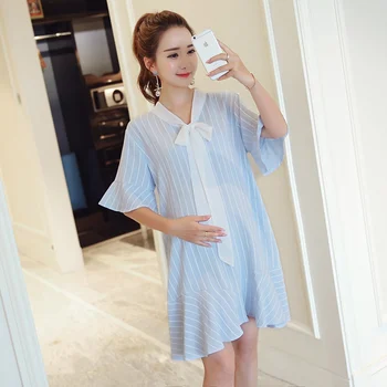 

Maternity wear summer new striped loose large size short-sleeved cotton and linen maternity dress fashion pregnancy skirt