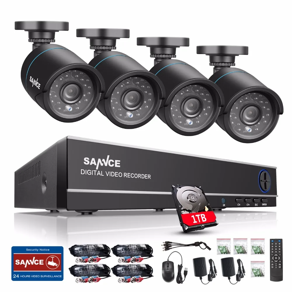 SANNCE 4CH 720P CCTV System 1080P HDMI DVR Kit 4PCS 720P 1.0MP Security Cameras 1200TVL Video