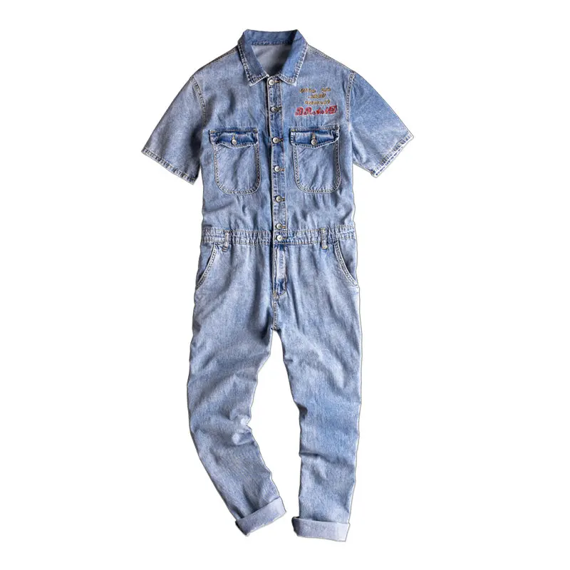 

Summer Denim Overall with Short Sleeve Jacket Single Breasted Work Suit Male Loose Long Jeans Jumpsuit Men's Bib Overalls Jeans
