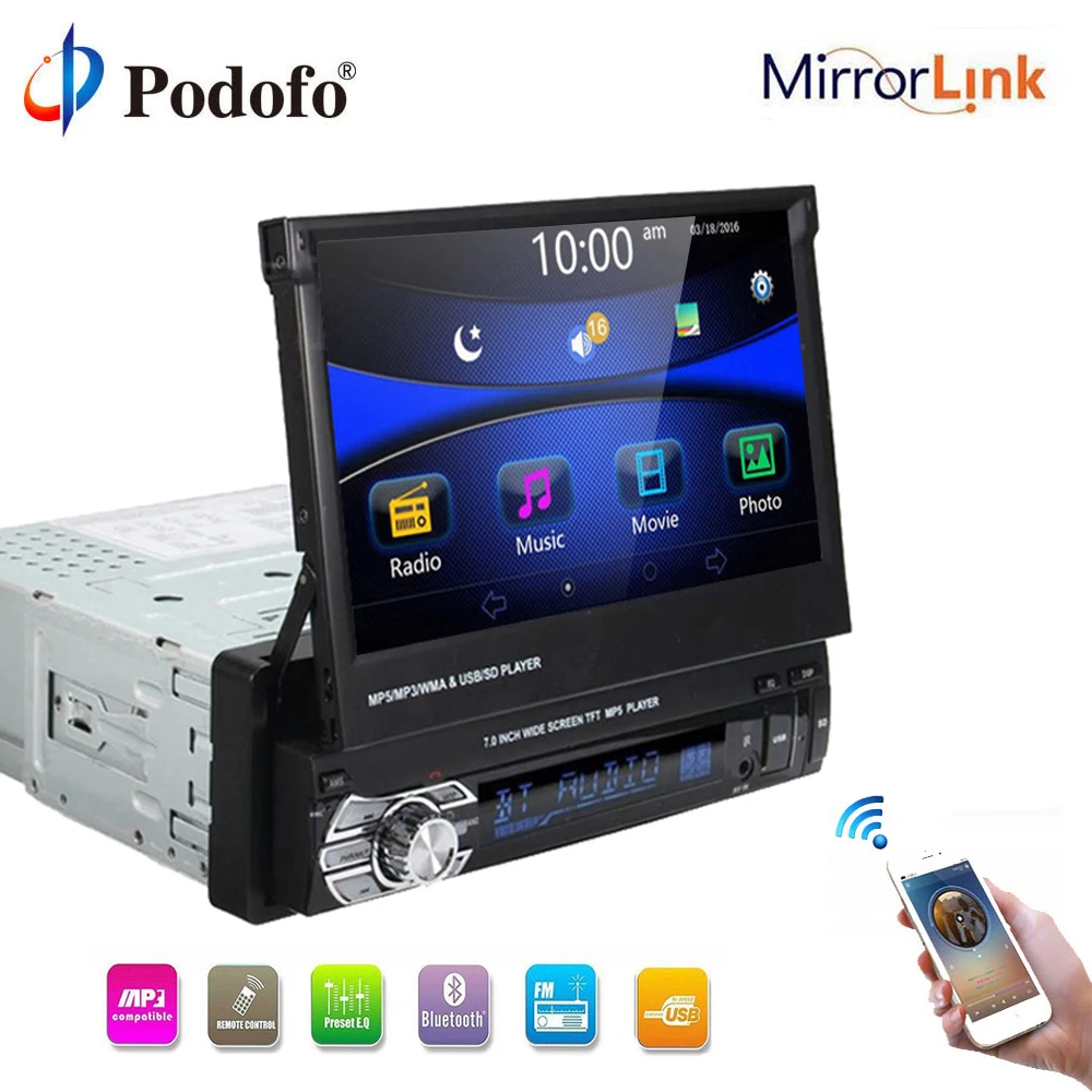 

Podofo 1 din Multimedia Player Stereo audio Bluetooth Car Radio no GPS 1DIN 7" Universal Retractable Autoradio FM USB MP5 Player