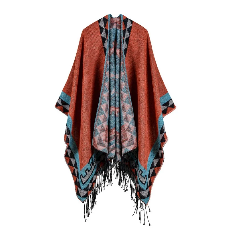 Women's Rhombus Design Fashion Winter Poncho Scarf with Tassel