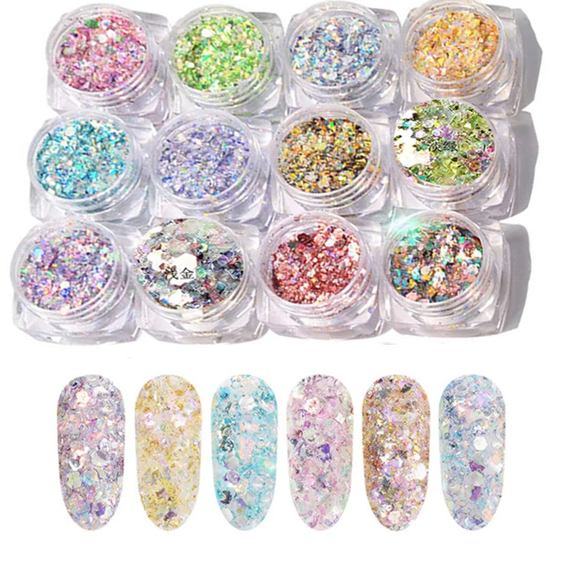 

12Box/Set Nail Glitter Powder AB Glitter Symphony Nail Sequins Flake 12-color Super Sparkle Holographic Nail Tips Glitter Set