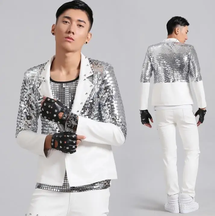В стиле панк-рок серебристыми блестками пиджак мужчины новейшая модель пальто конструкции костюм мужской костюм Homme TERNO Белые Заклепки