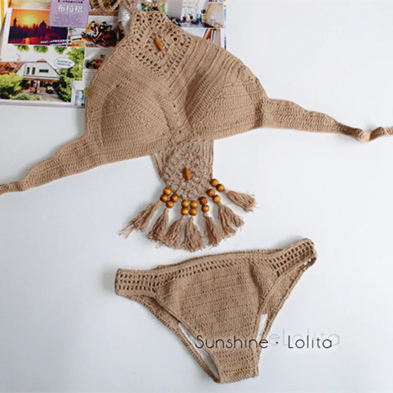 Sissijoebeach купальник Для женщин комплект бикини Трикотажные Кисточкой Бисер крючком Трусики бикини Купальники для малышек Для женщин ванный комплект Maillot De Bain Femme