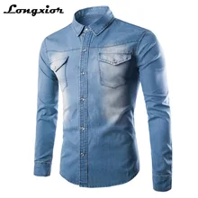 Весенняя тонкая джинсовая рубашка мужская с длинным рукавом Хлопок два кармана тонкая плотная рубашка мужские эластичные джинсы ковбойская одежда плюс размер 5XL MSL7