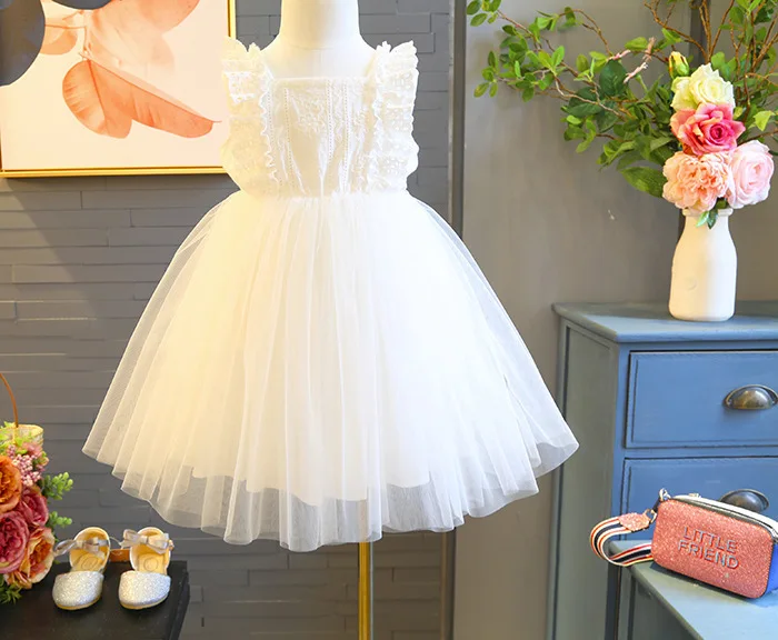Белое платье для маленьких девочек, хлопковое кружевное платье с фатиновой юбкой, весенне-летние платья без рукавов для детей 3-7 лет, праздничное платье принцессы
